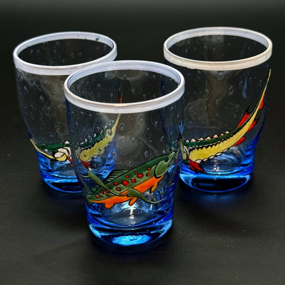 Hand Blown Fish Art Glass Juice Tumblers Set of 3 Blue Bubble Glass 4in Vintage